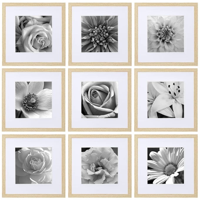12X12 PICTURE FRAMES SET OF 9 FARMHOUSE GALLERY WALL FRAME SET DISPLAYS 8X8 PHOTO WITH MAT OR 12X12 WITHOUT MAT SQUARE PICTURE FRAMES COLLAGE WALL DECOR NATURAL HOME DECOR FOR WALL