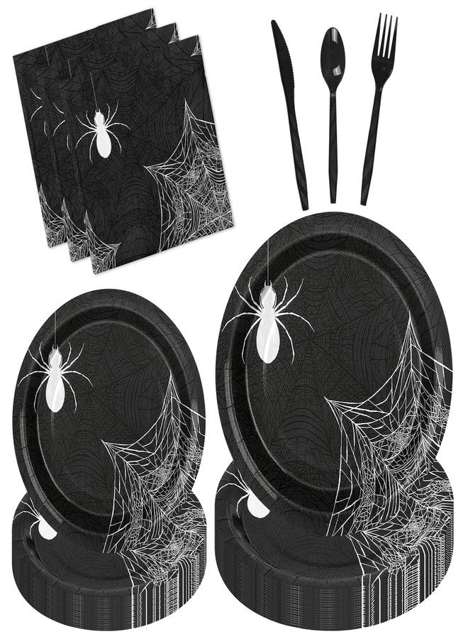150Pcs Halloween Tableware Set Black Spider Web Paper Plates and Napkins Plastic Knives Forks Spoons Disposable Party Supplies for 25 Guests - Image 1