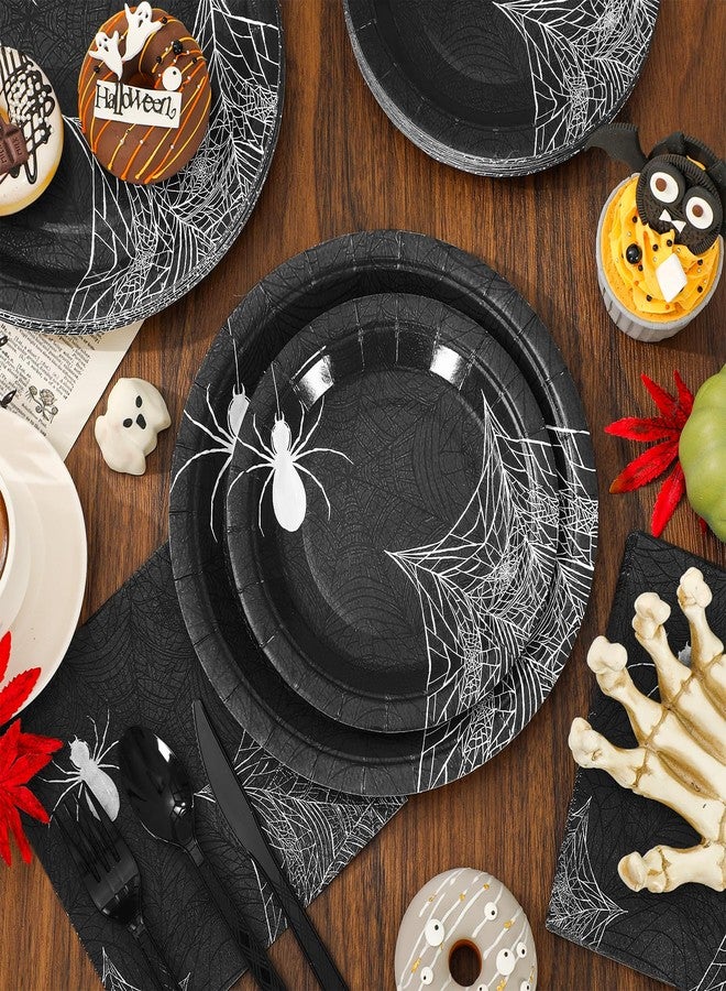 150Pcs Halloween Tableware Set Black Spider Web Paper Plates and Napkins Plastic Knives Forks Spoons Disposable Party Supplies for 25 Guests - Image 3