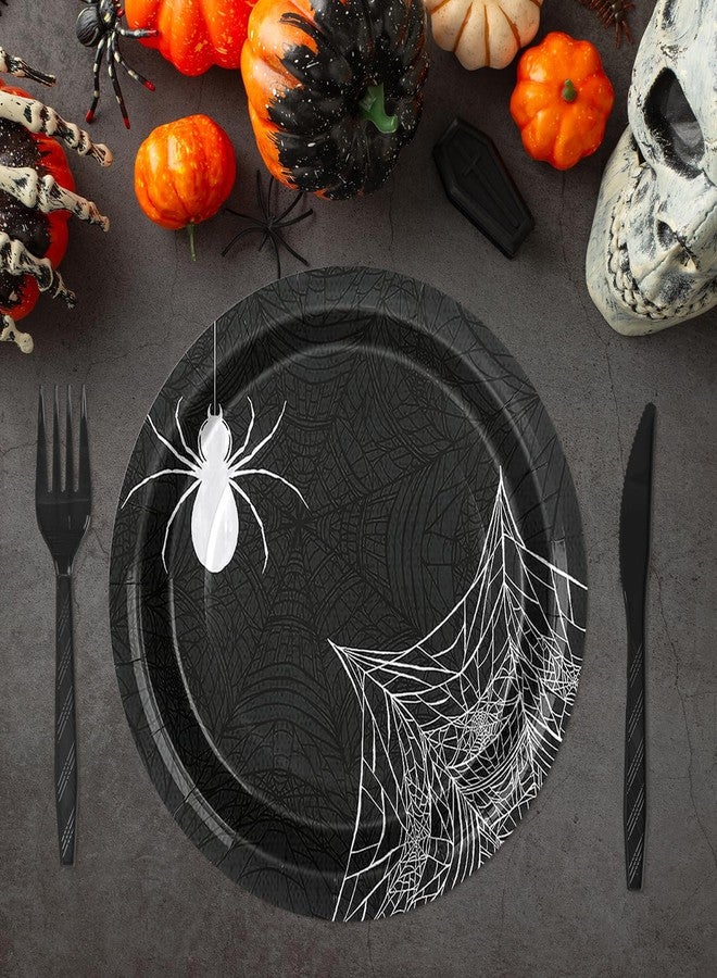 150Pcs Halloween Tableware Set Black Spider Web Paper Plates and Napkins Plastic Knives Forks Spoons Disposable Party Supplies for 25 Guests - Image 5