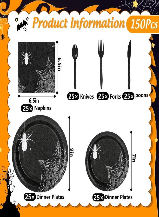 150Pcs Halloween Tableware Set Black Spider Web Paper Plates and Napkins Plastic Knives Forks Spoons Disposable Party Supplies for 25 Guests - Image 2
