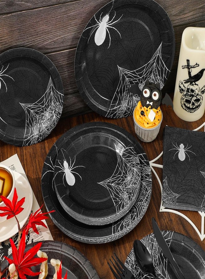 150Pcs Halloween Tableware Set Black Spider Web Paper Plates and Napkins Plastic Knives Forks Spoons Disposable Party Supplies for 25 Guests - Image 4