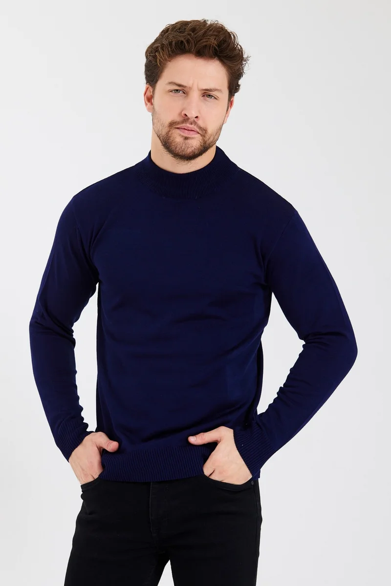 ام ار اس كلوثينج Half Turtleneck Men's Navy Blue Slim Fit Mold Wool Knitwear Sweater
