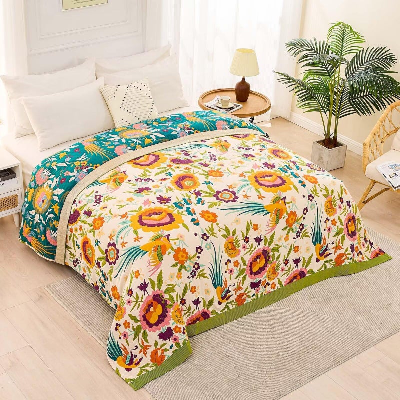 XIBLC Boho Throw Blanket for Bed, 100% Cotton Soft Rustic Quilt Fall Blanket, 50"x60" Colorful Floral Printed Farmhouse Decor Bed Blankets, All Season Rustic Reversible Bohemian Throw Quilt - Image 4