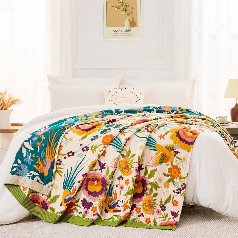 XIBLC Boho Throw Blanket for Bed, 100% Cotton Soft Rustic Quilt Fall Blanket, 50"x60" Colorful Floral Printed Farmhouse Decor Bed Blankets, All Season Rustic Reversible Bohemian Throw Quilt - Image 5