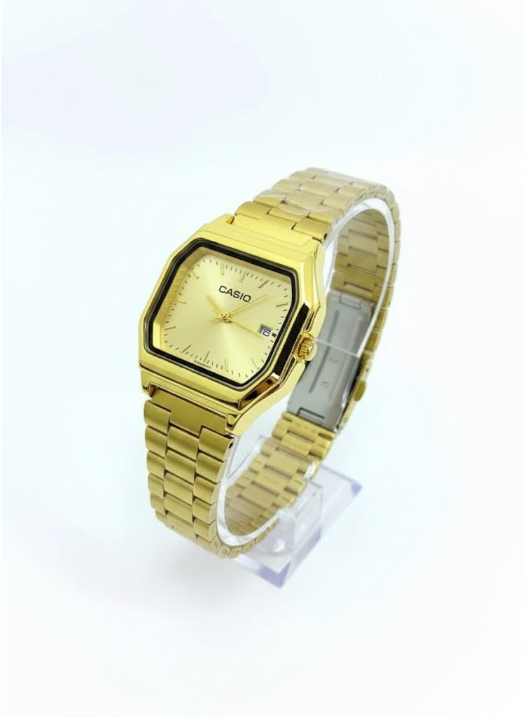 كاسيو ساعة كاسيو الكلاسيكية التناظرية باللون الذهبي للرجال/للجنسين - هيكل مثمن الشكل، ميناء ذهبي بنقشة أشعة الشمس، سوار من الفولاذ المقاوم للصدأ، عرض التاريخ - Image 1