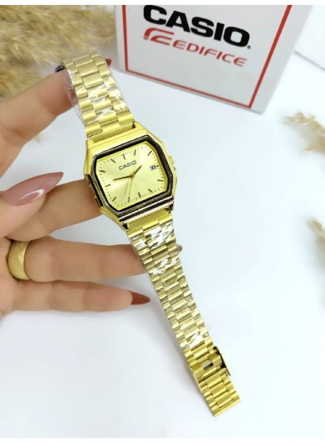 كاسيو ساعة كاسيو الكلاسيكية التناظرية باللون الذهبي للرجال/للجنسين - هيكل مثمن الشكل، ميناء ذهبي بنقشة أشعة الشمس، سوار من الفولاذ المقاوم للصدأ، عرض التاريخ - Image 2