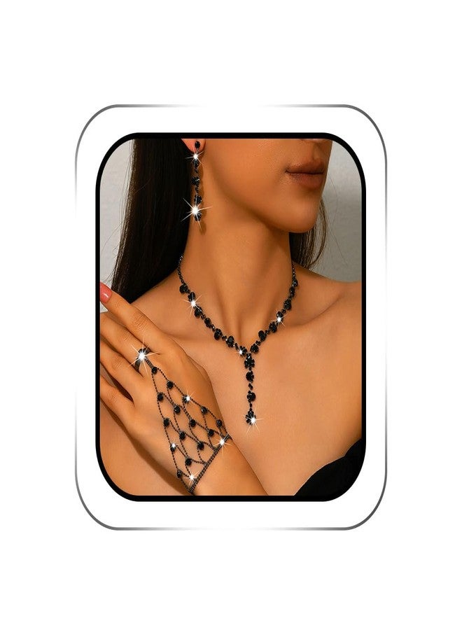 طقم مجوهرات ACEDRE أسود مرصع بأحجار الراين، يتضمن قلادة وأقراط وسوار، إكسسوارات زفاف للنساء (3 قطع) - Image 1