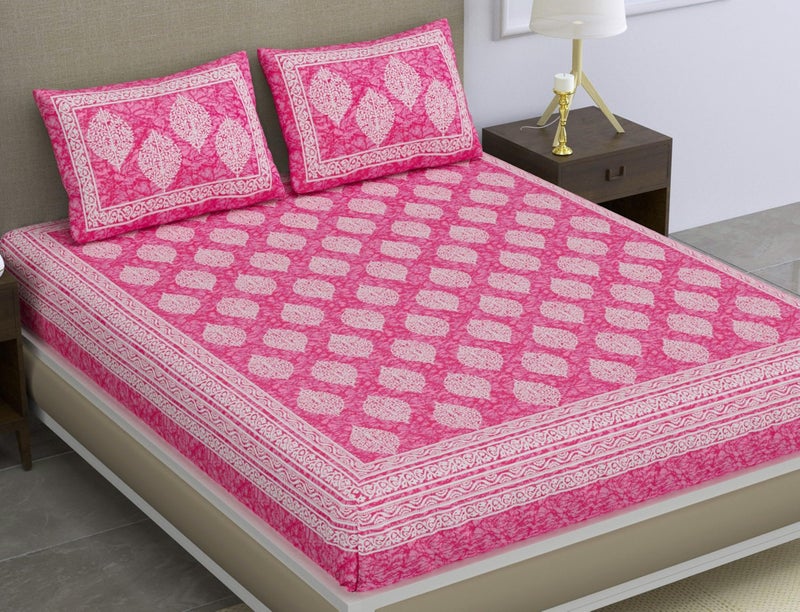 SheetKart 144 TC Cotton Printed Jaipuri Double Bedsheet with 2 Pillow Covers, Pink - Image 1