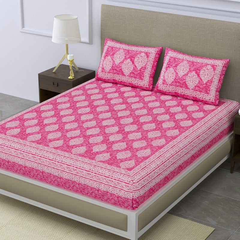 SheetKart 144 TC Cotton Printed Jaipuri Double Bedsheet with 2 Pillow Covers, Pink - Image 3