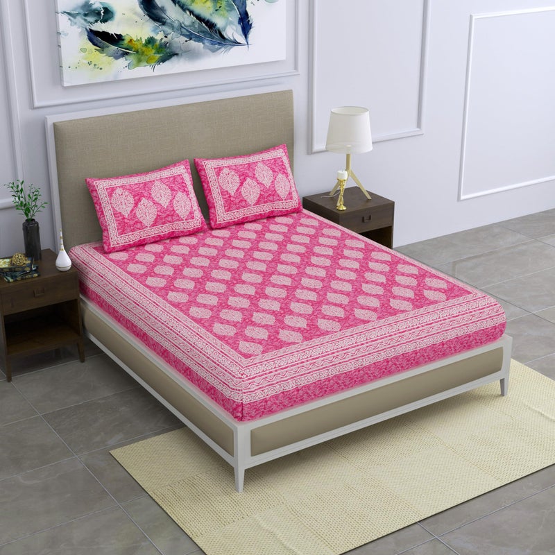 SheetKart 144 TC Cotton Printed Jaipuri Double Bedsheet with 2 Pillow Covers, Pink - Image 4