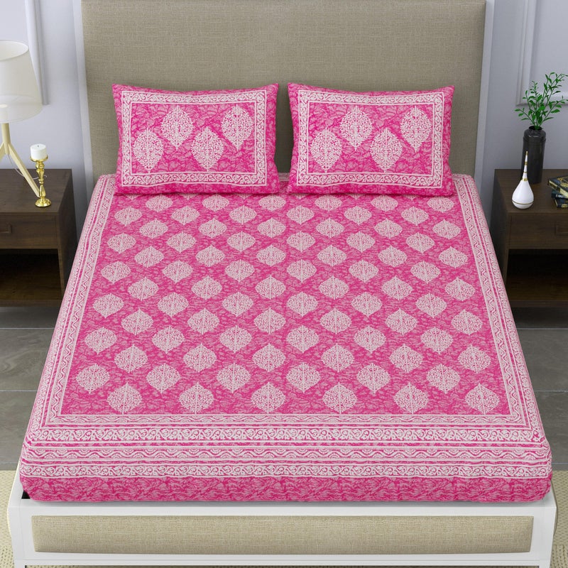 SheetKart 144 TC Cotton Printed Jaipuri Double Bedsheet with 2 Pillow Covers, Pink - Image 2