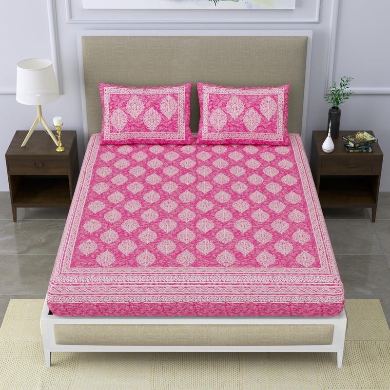 SheetKart 144 TC Cotton Printed Jaipuri Double Bedsheet with 2 Pillow Covers, Pink - Image 5