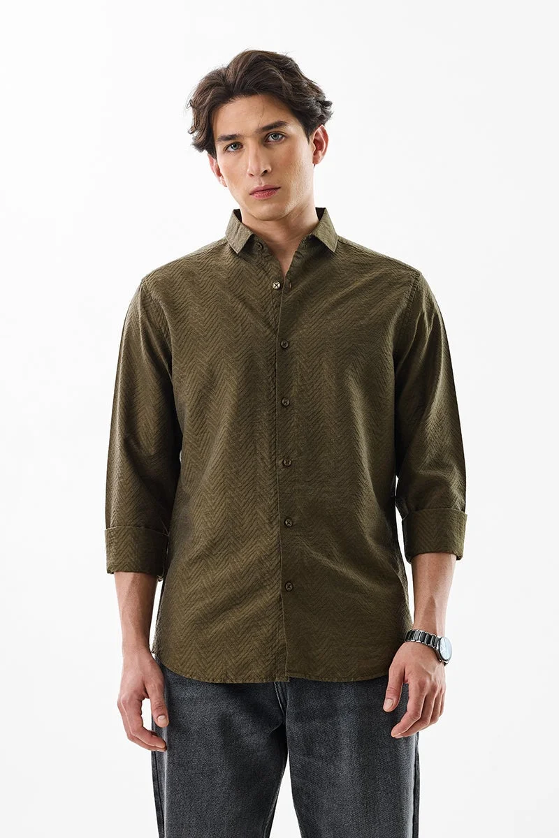 سنيتش Olive Textured Long Sleeve Slim Fit Luxe Shirt