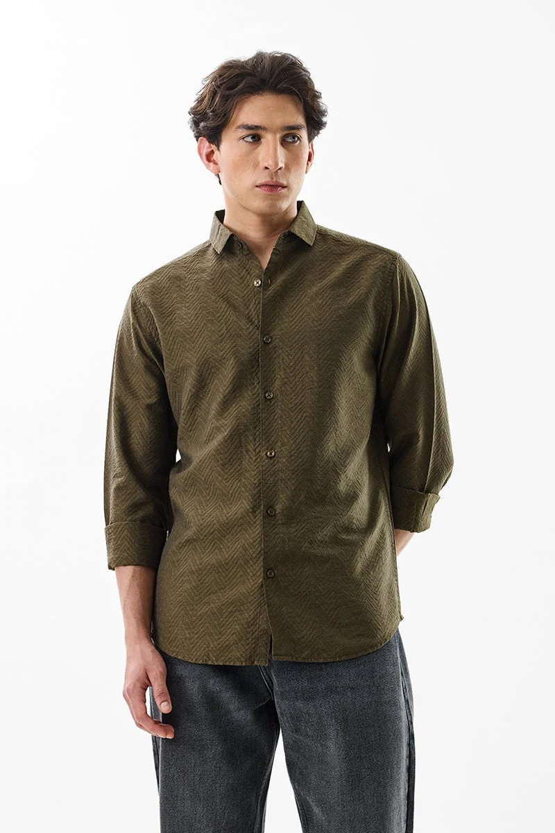 سنيتش Olive Textured Long Sleeve Slim Fit Luxe Shirt