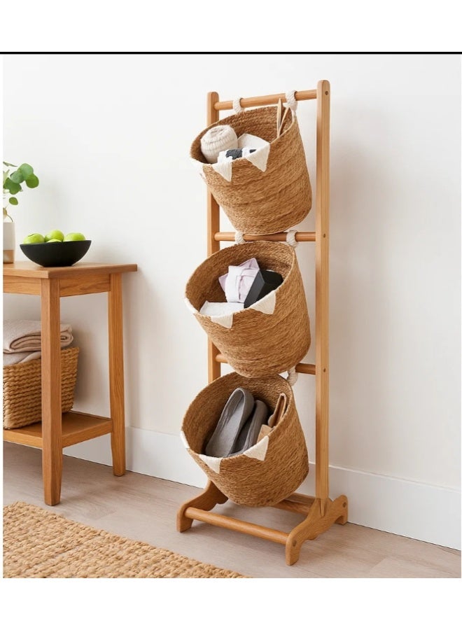 LINGWEI 3 Tier Fruit Basket with Wooden Stand and Jute Baskets 35x105x35cm Multi Storage Organizer - Image 1