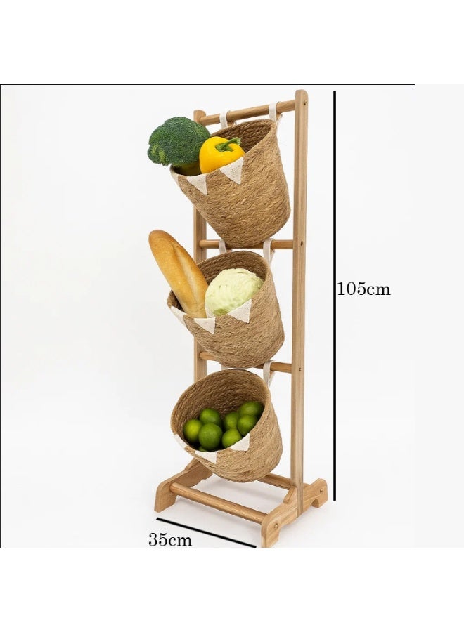 LINGWEI 3 Tier Fruit Basket with Wooden Stand and Jute Baskets 35x105x35cm Multi Storage Organizer - Image 3