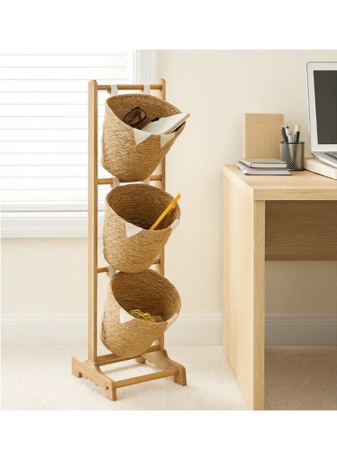 LINGWEI 3 Tier Fruit Basket with Wooden Stand and Jute Baskets 35x105x35cm Multi Storage Organizer - Image 4