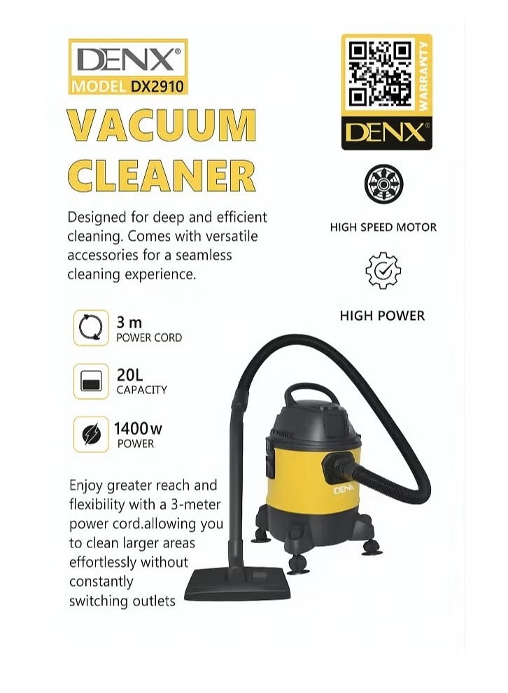 Denx DX2910 High Power Vacuum Cleaner – 1400W, 20L Capacity, 3m Cord – Yellow/Black - Image 1