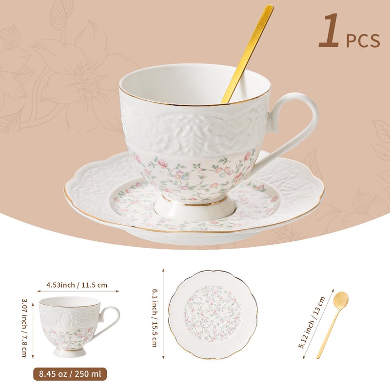 TATSUMI Interglio Embossed Bone China Tea Cup and Saucer Set, 3 Pieces Vintage Style Coffee Cup & Saucer Set For Women Wedding Gift (Starlight Pink, 1 set) - Image 2