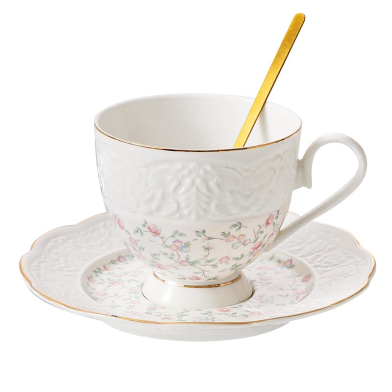 TATSUMI Interglio Embossed Bone China Tea Cup and Saucer Set, 3 Pieces Vintage Style Coffee Cup & Saucer Set For Women Wedding Gift (Starlight Pink, 1 set) - Image 1