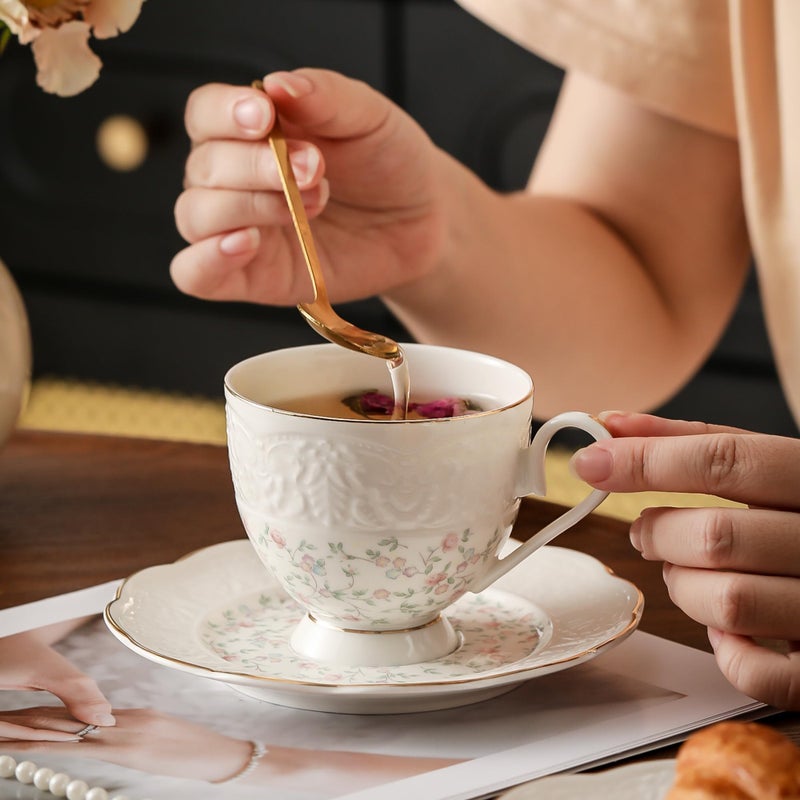TATSUMI Interglio Embossed Bone China Tea Cup and Saucer Set, 3 Pieces Vintage Style Coffee Cup & Saucer Set For Women Wedding Gift (Starlight Pink, 1 set) - Image 3