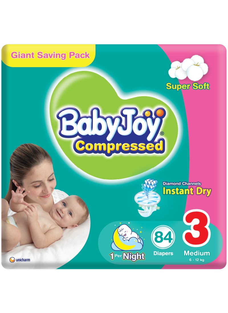 BabyJoy Compressed Diamond Pad Diaper, Size 3, Medium, 6-12 Kg, Giant Pack, 84 Diapers - Image 1