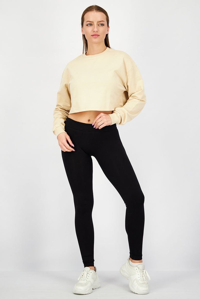 XOXO Women Sportswear Fit Plain Cropped Sweatshirt, Beige and Tan - Image 4