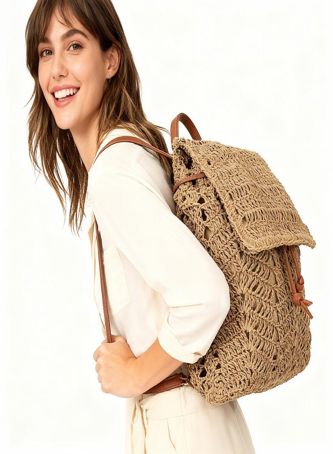 Monique Women Medium Straw Handmade Woven Backpack Flap Drawstring Shoulders Bag Beach Daypack - Image 5