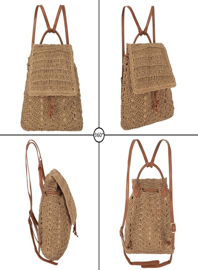 Monique Women Medium Straw Handmade Woven Backpack Flap Drawstring Shoulders Bag Beach Daypack - Image 3