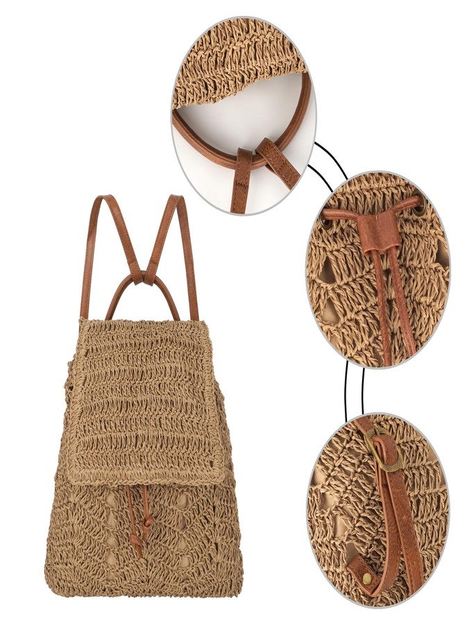 Monique Women Medium Straw Handmade Woven Backpack Flap Drawstring Shoulders Bag Beach Daypack - Image 4
