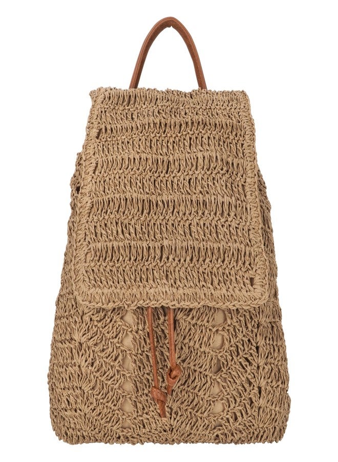 Monique Women Medium Straw Handmade Woven Backpack Flap Drawstring Shoulders Bag Beach Daypack - Image 1