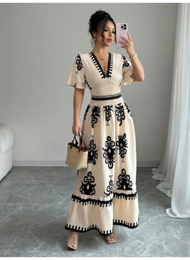 general Women's Summer Retro Print V-neck Ruffled Waist A-line Long Dress - Image 1