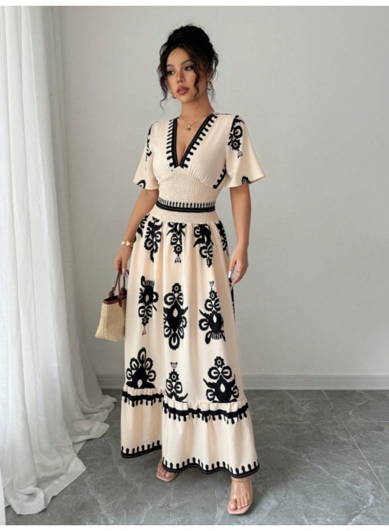 general Women's Summer Retro Print V-neck Ruffled Waist A-line Long Dress - Image 3