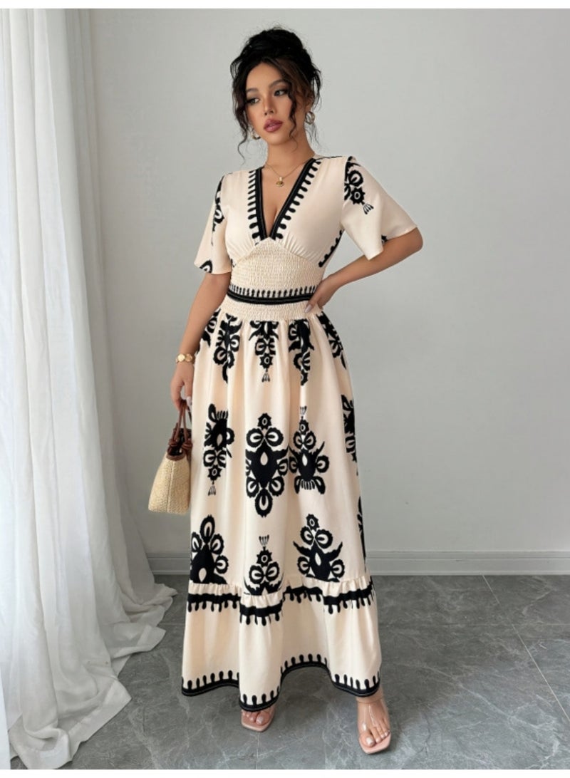 general Women's Summer Retro Print V-neck Ruffled Waist A-line Long Dress - Image 5