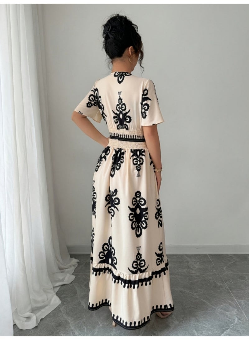 general Women's Summer Retro Print V-neck Ruffled Waist A-line Long Dress - Image 2