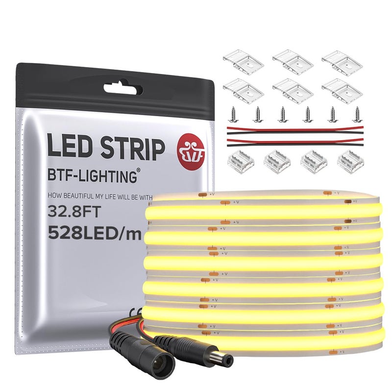 BTF-LIGHTING FCOB COB LED Strip 528LED/m Flexible High Density Uniform Light 14W/m 32.8FT DC24V Warm White 3000K CRI 90+ 10mm Width for Home Indoor Decor(No Adapter or Controller) - Image 1