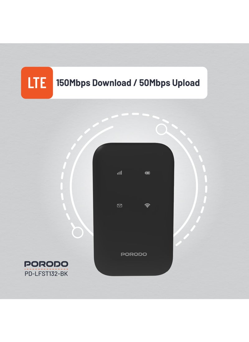بورودو - راوتر جيب عالي السرعة 4G LTE 2.4 جيجاهرتز واي فاي 6 بسرعة 286 ميجابت في الثانية وتشفير آمن / 10 أجهزة متصلة / 8.5 ساعات من وقت العمل / شريحة نانو/ميكرو / 150 ميجابت في الثانية للتنزيل و50 ميجابت في الثانية للرفع بسرعة 4G LTE - أسود - Image 1