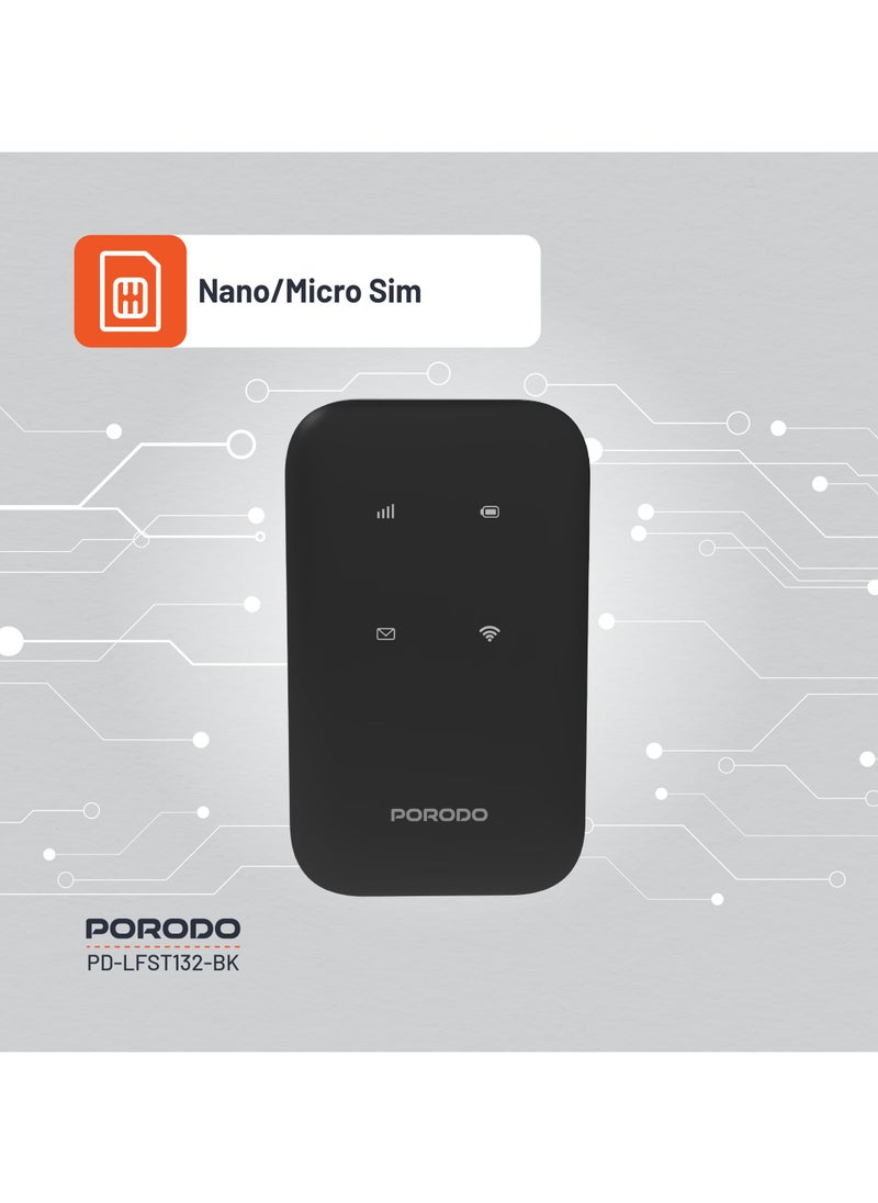 porodo High-Speed Pocket Router 4G LTE 2.4GHz WiFi 6 with 286Mbps Speed & Secure Encryption / 10 Connected Devices / 8.5 Hours Working Time / Nano/Micro Sim / 150Mbps Download & 50Mbps Upload 4G LTE Speed - Black  - Image 4