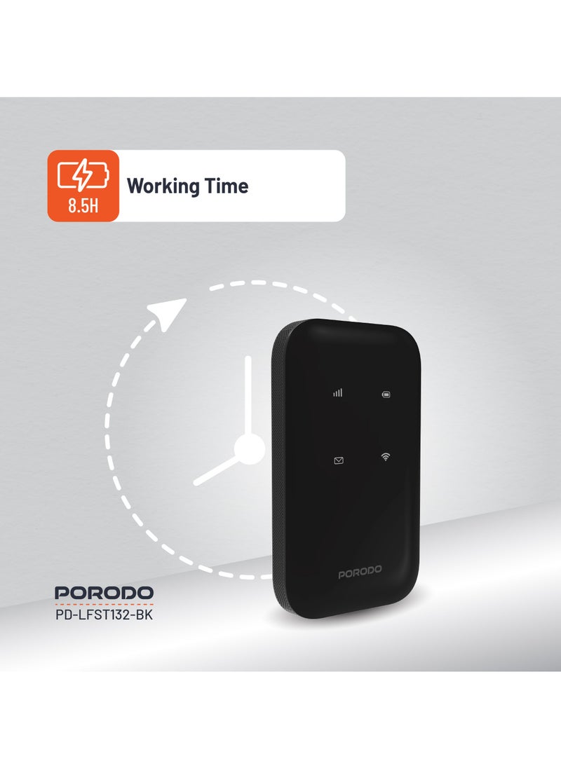 porodo High-Speed Pocket Router 4G LTE 2.4GHz WiFi 6 with 286Mbps Speed & Secure Encryption / 10 Connected Devices / 8.5 Hours Working Time / Nano/Micro Sim / 150Mbps Download & 50Mbps Upload 4G LTE Speed - Black  - Image 5