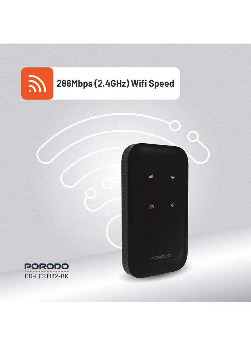 بورودو - راوتر جيب عالي السرعة 4G LTE 2.4 جيجاهرتز واي فاي 6 بسرعة 286 ميجابت في الثانية وتشفير آمن / 10 أجهزة متصلة / 8.5 ساعات من وقت العمل / شريحة نانو/ميكرو / 150 ميجابت في الثانية للتنزيل و50 ميجابت في الثانية للرفع بسرعة 4G LTE - أسود - Image 1