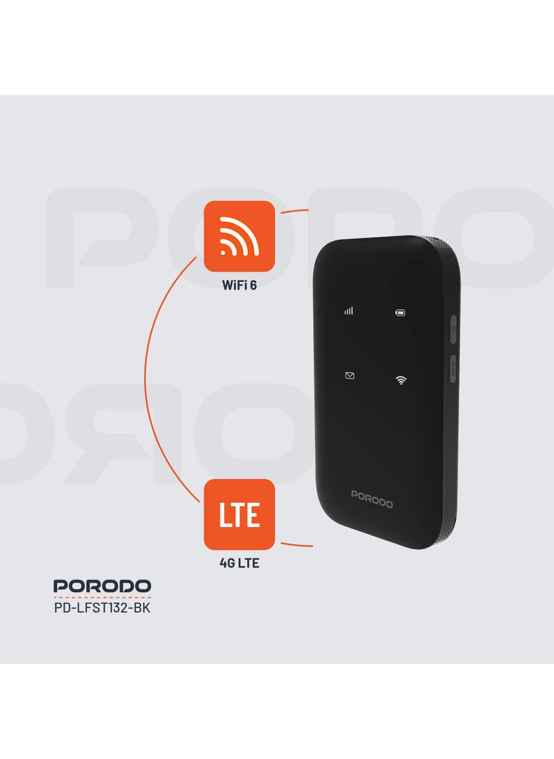 porodo High-Speed Pocket Router 4G LTE 2.4GHz WiFi 6 with 286Mbps Speed & Secure Encryption / 10 Connected Devices / 8.5 Hours Working Time / Nano/Micro Sim / 150Mbps Download & 50Mbps Upload 4G LTE Speed - Black  - Image 3