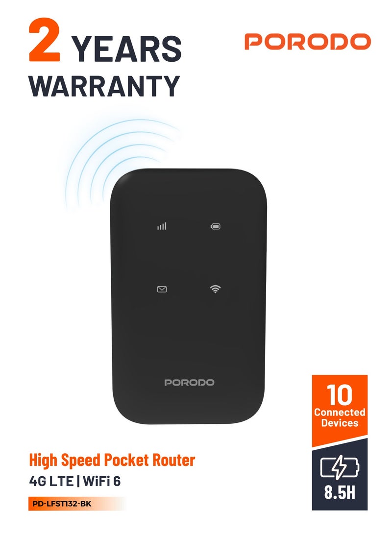 porodo High-Speed Pocket Router 4G LTE 2.4GHz WiFi 6 with 286Mbps Speed & Secure Encryption / 10 Connected Devices / 8.5 Hours Working Time / Nano/Micro Sim / 150Mbps Download & 50Mbps Upload 4G LTE Speed - Black  - Image 1