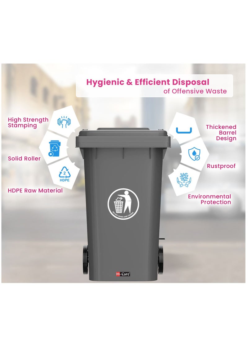 هاي كير صندوق قمامة بلاستيك 240 لتر مع عجلة ودواسة - صندوق غبار للمطبخ شديد التحمل في الهواء الطلق سلة مهملات سلة مهملات صناعية كبيرة (رمادي) - Image 3