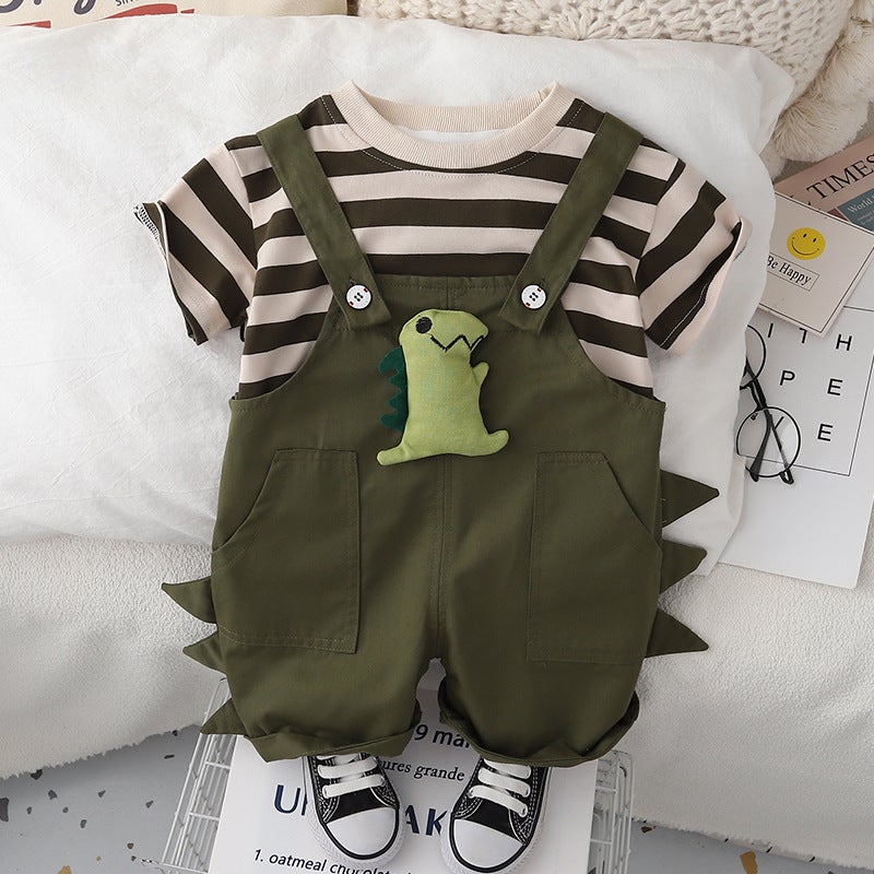 2024 new summer boys round neck striped cotton short sleeve panda embroidered suspender pants two-piece set factory wholesale Olive green