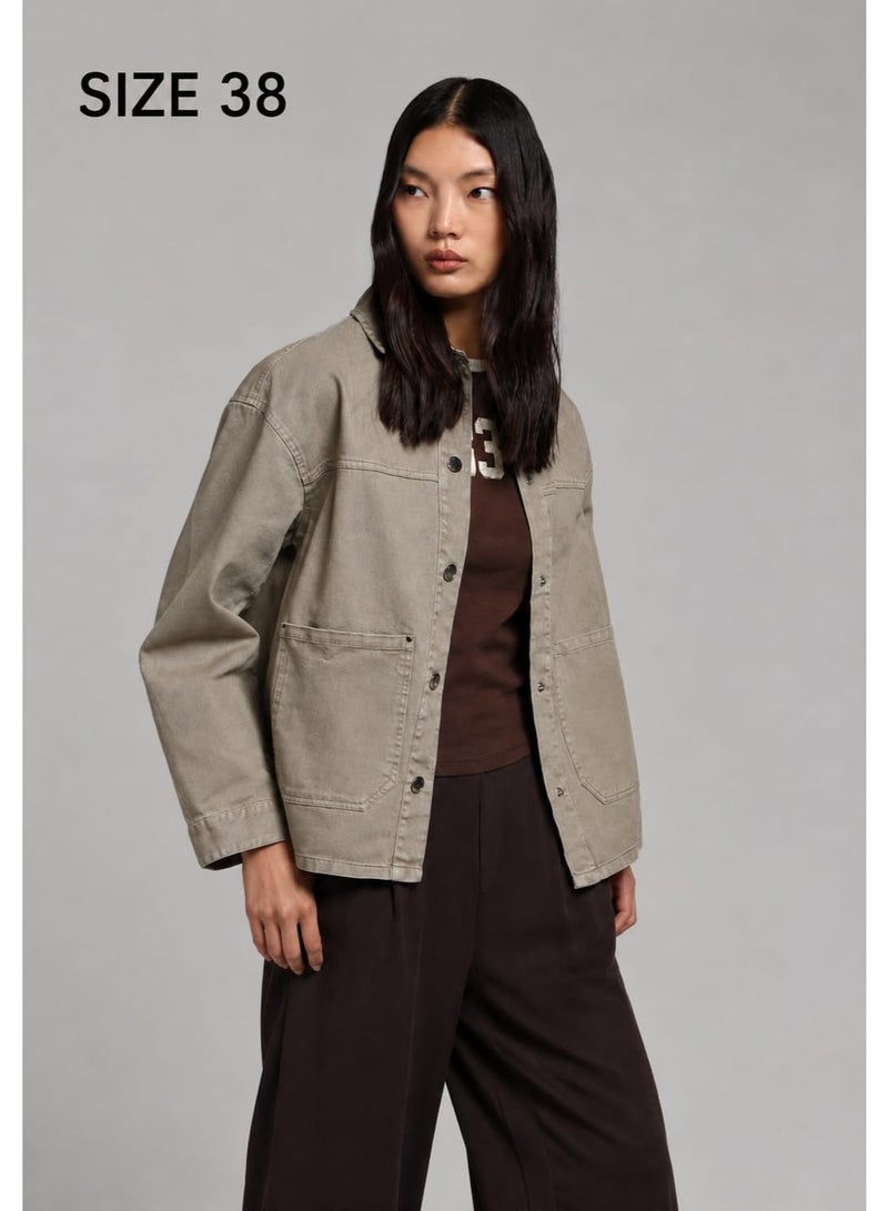 COLIN'S Women's Cotton Jacket, 100% Cotton Long Sleeve Casual Jacket with Front Snap Button Closure and Multiple Utility Pockets, Beige, Size 38 - Image 2