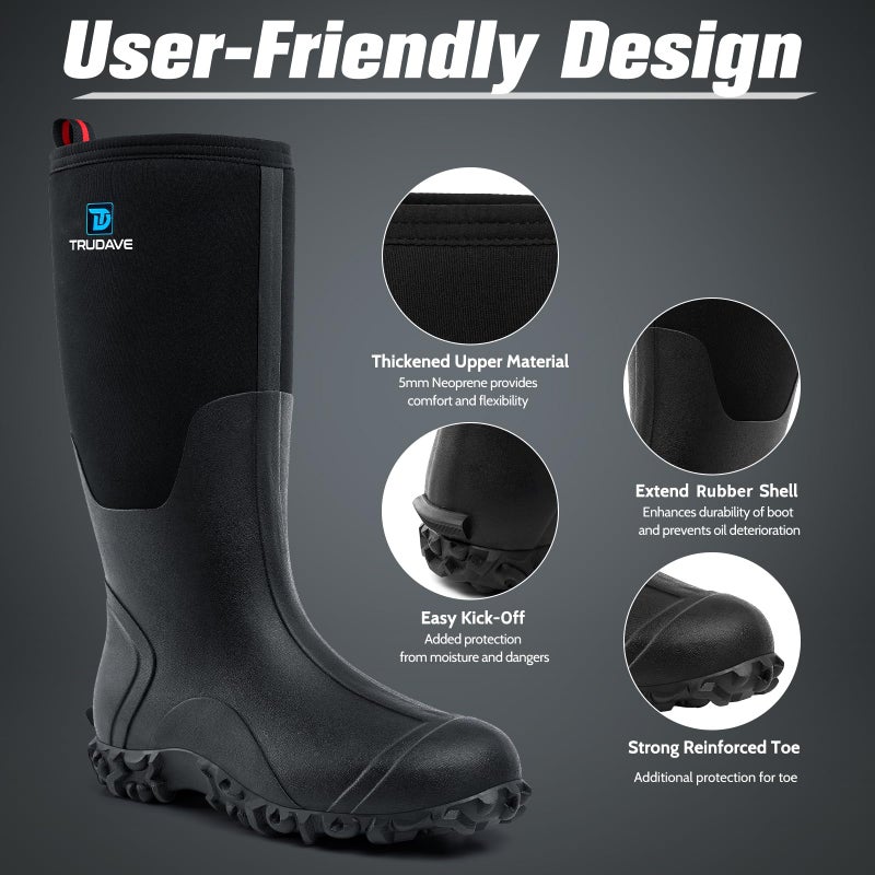 Trudave Rubber Boots for Men with Steel Shank, Waterproof Insulated Reliable Rain Boots for Outdoor Work Hunting, Warm Dry 5mm Neoprene Anti-slip All-Season Mud Boots, Size 5-14 - Image 4