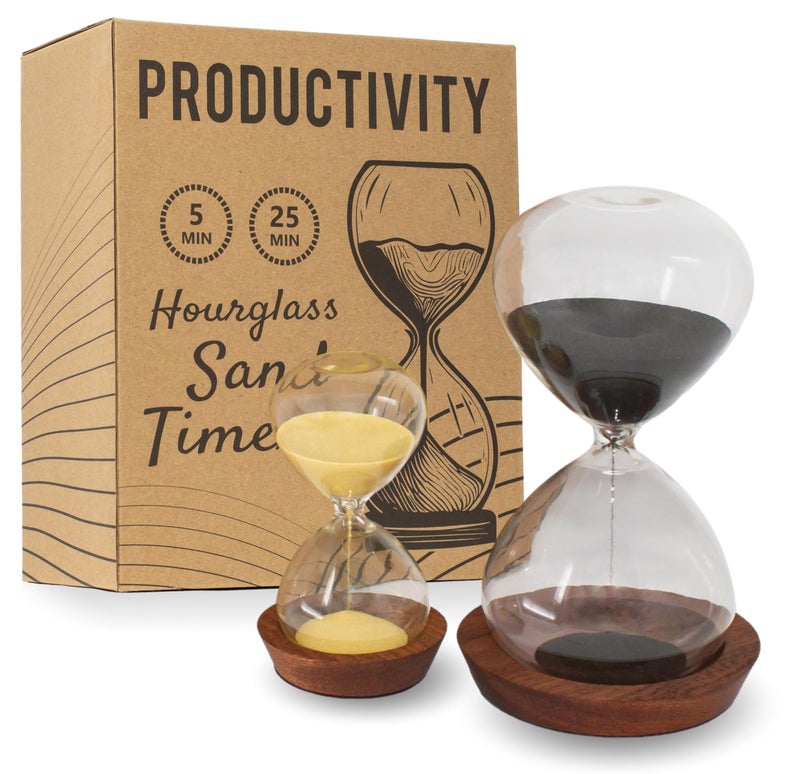 Decorative Hourglass Sand Timer Set Includes 25 and 5 Minute Sandglass Pomodoro Timers with Wooden Bases Time Management Productivity Tool Gift for Home Office Desk