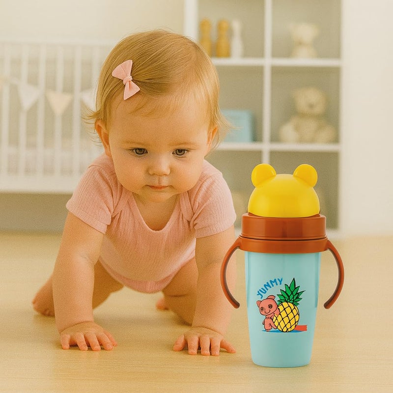 Nabhya Hot & Cold Insulated Stainless Steel 360ml BPA-Free Cute Animal Design Baby Sipper Kids Water Bottle with Straw and Side Handle for Kids (Blue) - Image 4