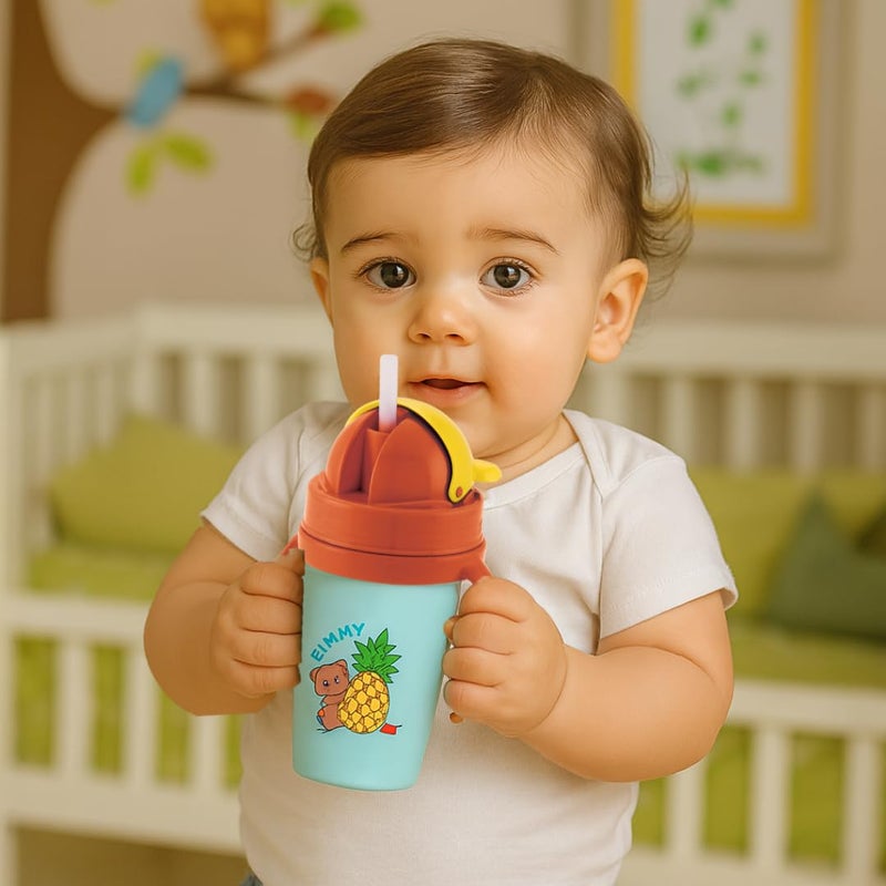 Nabhya Hot & Cold Insulated Stainless Steel 360ml BPA-Free Cute Animal Design Baby Sipper Kids Water Bottle with Straw and Side Handle for Kids (Blue) - Image 3